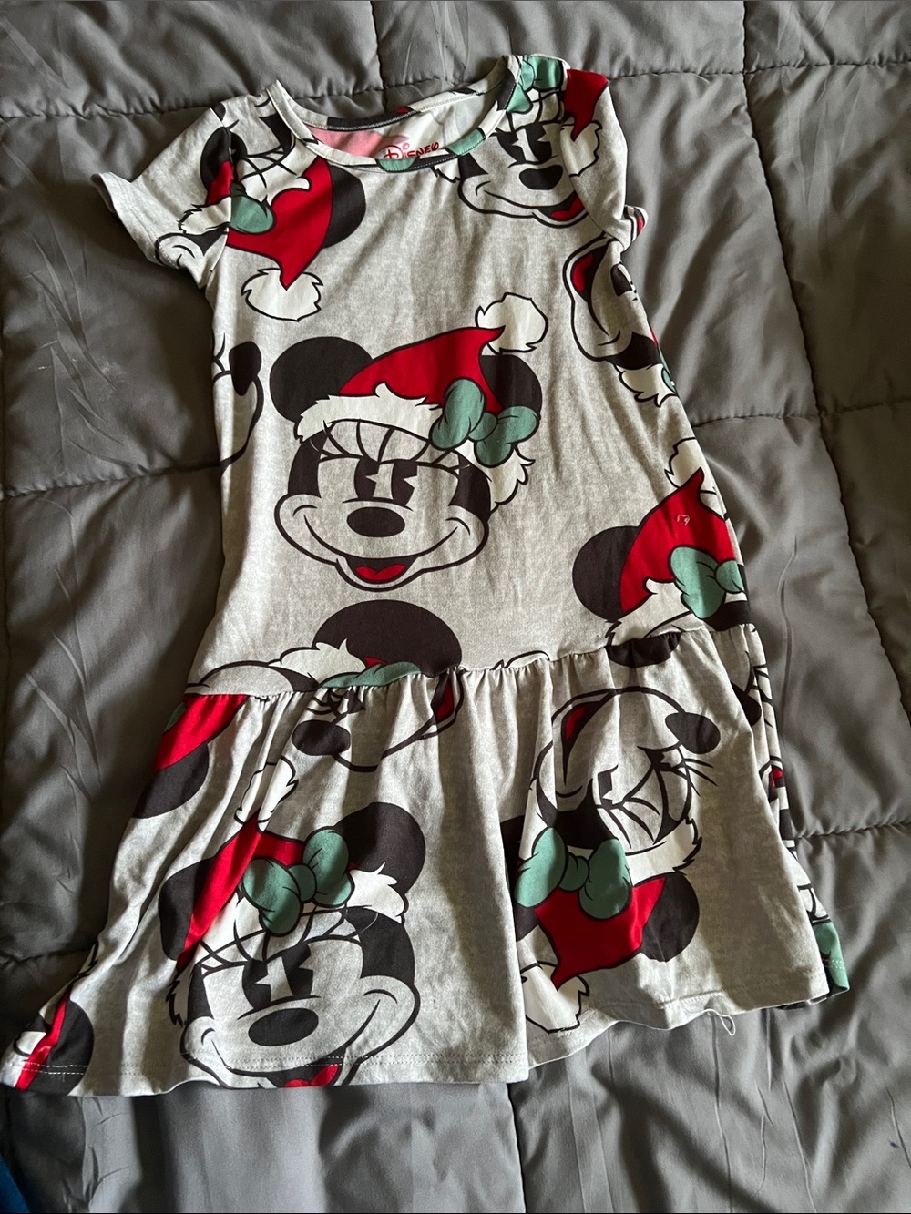 Disney Gray Minnie Mouse Holiday Dress with Red Hats and Green Bows